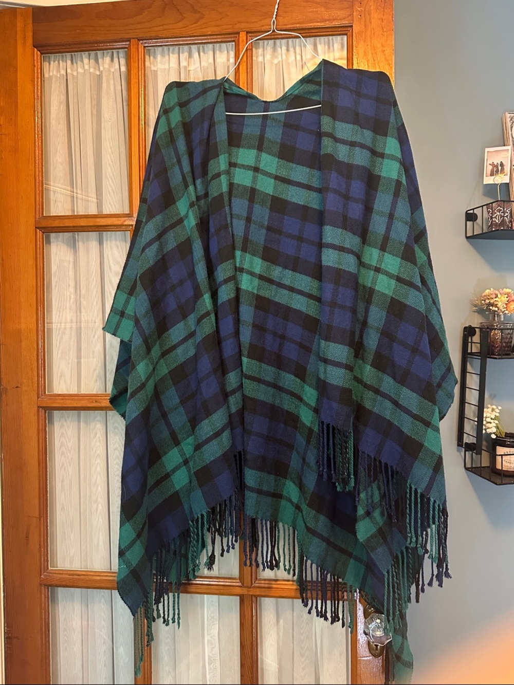 Green and Navy Plaid Fringe Poncho Cardigan